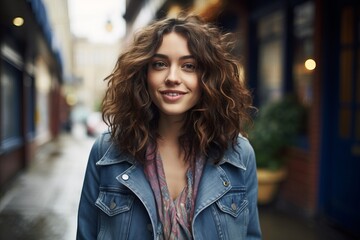 Obraz premium Portrait of a beautiful young woman with curly hair in the city.