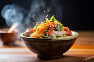 bibimbap in a stone bowl with steam rising