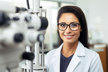 Fototapeta premium A confident female ophthalmologist in her well-equipped clinic, examining a patient's eye with an ophthalmoscope, displaying professionalism and care