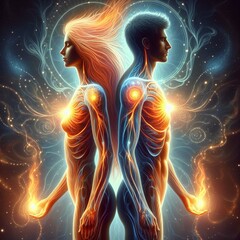 Twin flame couple. Soulmates. The concept of magical, esoteric, tantric, spiritual love. Connection between souls. Illustration for websites and much more. Created using generative ai tools.