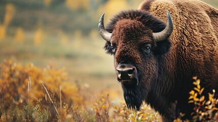 Bison in wild nature. Copy Space