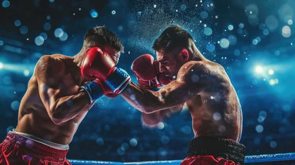 Foto op Plexiglas Two young professional boxer having a competition tournament on stage. Attractive male athlete fighters muscular shirtless punches and hitting competitor enjoy boxing exercise in the ring at stadium. © Sasint
