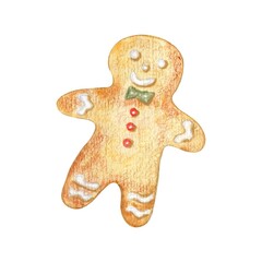 Watercolor hand drawn gingerbread cookie. Traditional Christmas bakery.