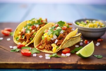 tacos with barbecued pulled pork and scrambled eggs spilling out - obrazy, fototapety, plakaty