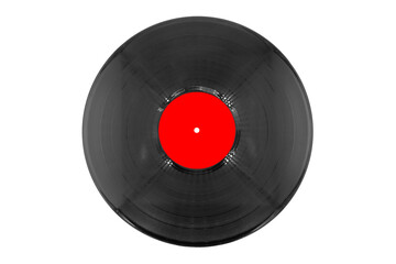 Fototapeta premium Vinyl record disc with red label isolated over a white background. Black vinyl record isolated