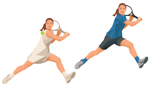 Two figures of a girl tennis player who strikes with a racket, holding it with two hands