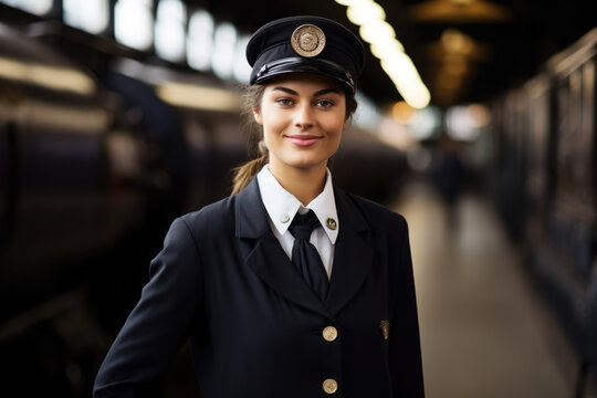 Portrait of a Confident Female Train Conductor, Standing Tall in Her Uniform, Against the Backdrop of a Vintage Steam Engine Train