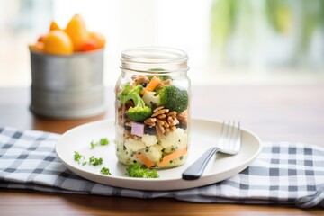 broccoli raisin salad in mason jar for healthy lunch - obrazy, fototapety, plakaty