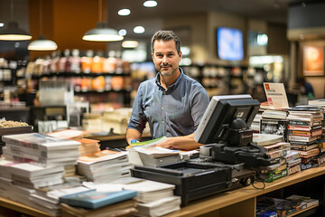 A man seller standing in front of cash register in bookstore. Shelves with many books on background.