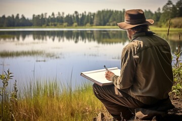 A Perfect Blend of Business and Leisure: A Professional Birdwatcher Immersed in Observations, Jotting Down Notes Amidst the Serene Wilderness