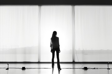 Stunning silhouette of fashionable girl posing against white studio backdrop