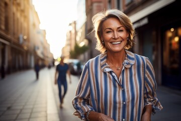 A charming, mature woman wearing a blue and white striped tee, enjoying an afternoon stroll in the vibrant city, illuminated by the warm glow of the setting sun - obrazy, fototapety, plakaty