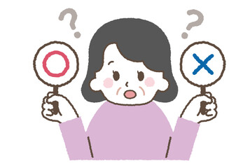マルバツを持つおばあさんのイラスト。