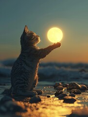 a cat on a beach, with its paw reaching around a large, glowing yellow moon