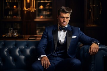 A sophisticated gentleman in a tailored tuxedo, adorned with a royal blue satin bow tie, savoring a glass of whiskey in a luxurious, softly-lit lounge, exuding an aura of elegance and charm