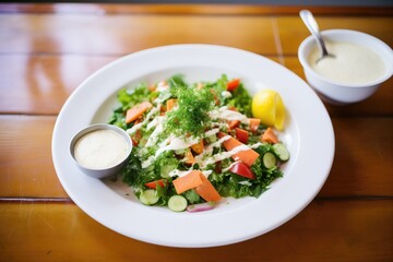 traditional greek salad topped with cashew feta dressing