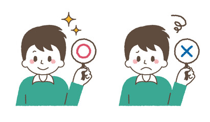 マルバツを持つ男性のイラスト。