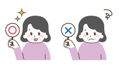 マルバツを持つおばあさんのイラスト。