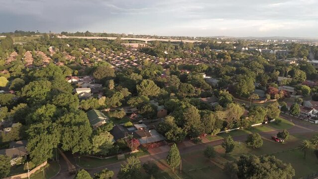 Rising panoramic drone view over the area with townhouses in Centurion, South Africa.