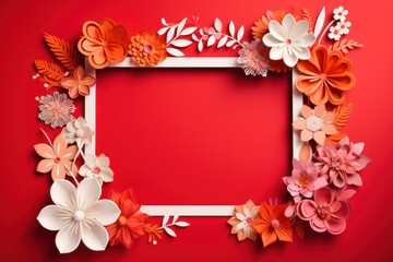 Frame with colorful flowers on red background