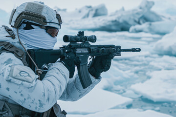 special forces soldier aims from a machine gun in winter against the background of snow and ice