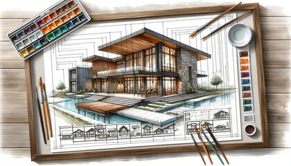 This is a concept art of a modern home with an architectural blueprint overlay, showcasing a blend of rustic and contemporary design elements.