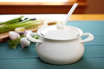 white ceramic tureen of clam chowder with ladle