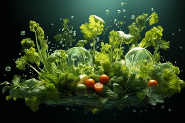 3D Render of Floating Fresh Vegetables, on an isolated Garden Green background, Generative AI