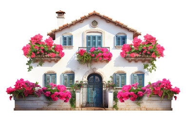 Potted Geraniums Enhance the Antique Charm of a Colonial Style House on a White or Clear Surface PNG Transparent Background