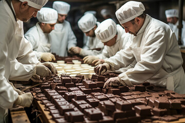 A group of master confectioners prepares chocolate bars in a confectionery workshop. - obrazy, fototapety, plakaty