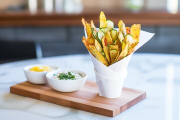 zucchini chips in a paper cone stand