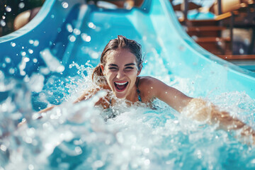 happy young woman sliding down a water slide in a water park under splashes of water - obrazy, fototapety, plakaty