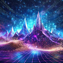 Big Data. Abstract digital mountains range landscape with glowing light dots. Futuristic low poly wireframe vector illustration on technology background. Data mining and management concept.