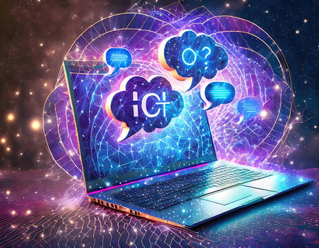Chat bot abstract logo on a laptop screen and speech bubbles, question marks, and quote icons. Digital chatting artificial intelligence concept on technology background. Low poly wireframe