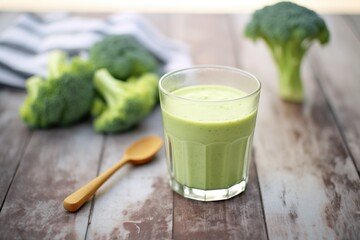 broccoli juice in cup with broccoli florets on side