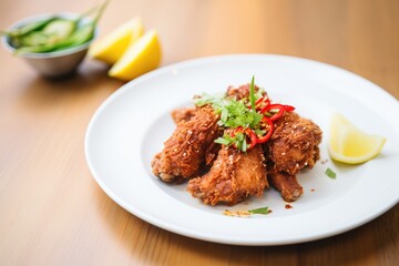 spicy fried chicken with chili flakes and lemon wedge