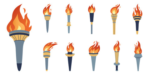 Torch with burning fire in flat design. Vector set. Vector illustration