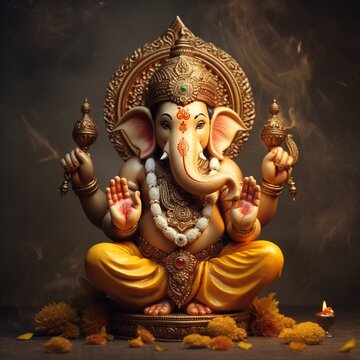 Lord ganesha has four arms on his red body and his consort sitti Ai generated art