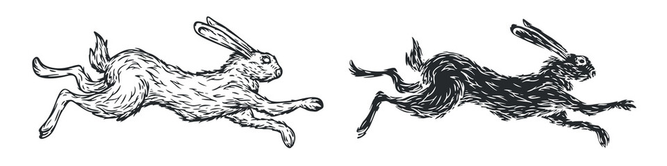 Running rabbit in vintage hand drawn style. Monochrome illustration for tattoo, mascot, emblem. Vector illustration.