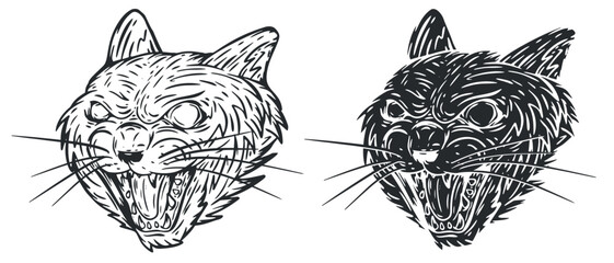 Angry cat head in hand draw vintage style. Monochrome illustration for tattoo, mascot, emblem. Vector illustration.