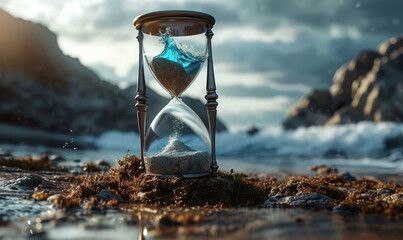 Surreal hourglass with ocean waves trapped inside, symbolizing time, nature's cycles, environmental conservation, and the fleeting essence of life