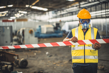 Toxic chemical gas leak safety team working closed area in danger factory workshop environment contamination safety and protection - obrazy, fototapety, plakaty
