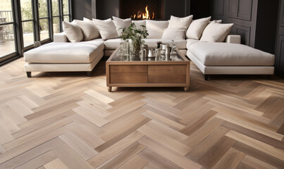 Sophisticated herringbone pattern parquet wood floor, showcasing the elegance of traditional craftsmanship in contemporary interior design - obrazy, fototapety, plakaty