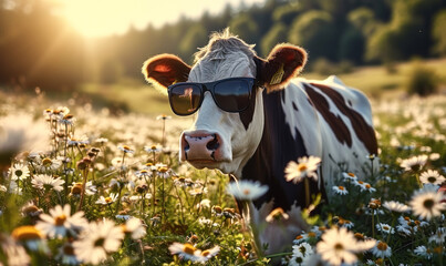 Humorous portrait of a happy cow with sunglasses in a sunny field of daisies, representing joy, summer vibes, whimsy in nature, and a carefree attitude in rural life