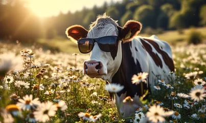 Foto op Canvas Humorous portrait of a happy cow with sunglasses in a sunny field of daisies, representing joy, summer vibes, whimsy in nature, and a carefree attitude in rural life © Bartek
