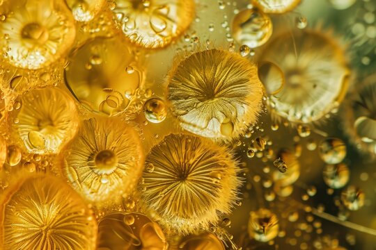 Macro dandelion texture, yellow bubbles background