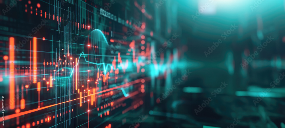 Poster illuminated financial graphs on digital screen with copy space