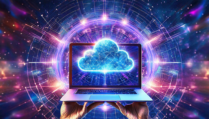 Hand showing laptop computer with cloud network Computer connects to internet server service for cloud data transfer.Cloud computing technology and online data storage for business network concept