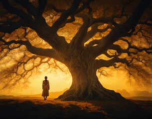 Silhouette of person standing next to old oak tree in sunset, generative ai illustration