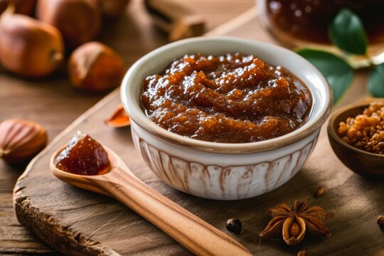 chestnut jam in a bowl, ingredients around, minimalism, shooting at an angle of 45 degrees